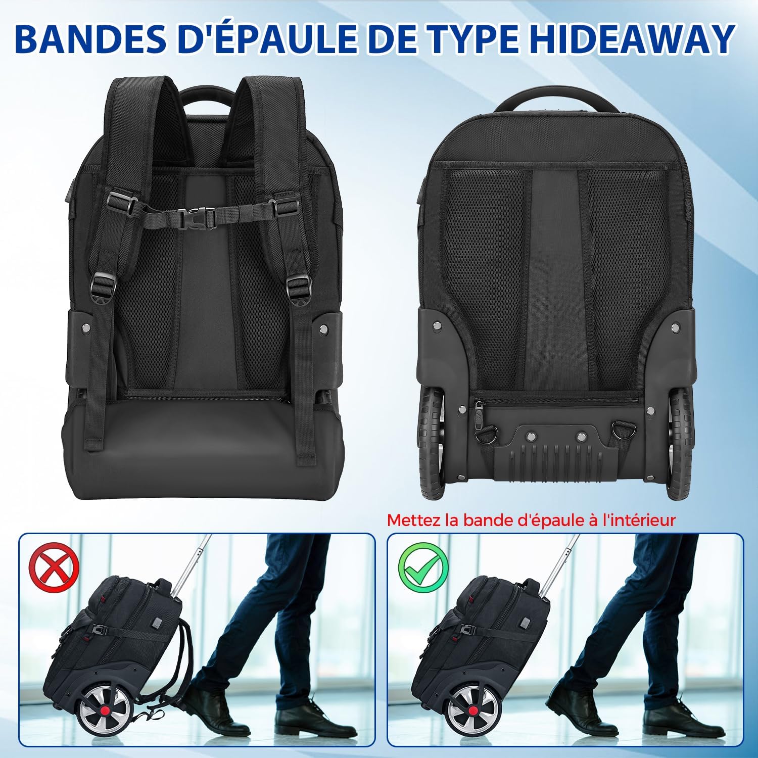 MATEIN Sac Dos Roulettes 17 Pouces avec 2 Roues, Grande Capacité avec Cadenas à Combinaison, 2 en 1 Trolley Résistant et Anti-vol, Hommes Adulte Cartable Voyage d'Affaires, Noir