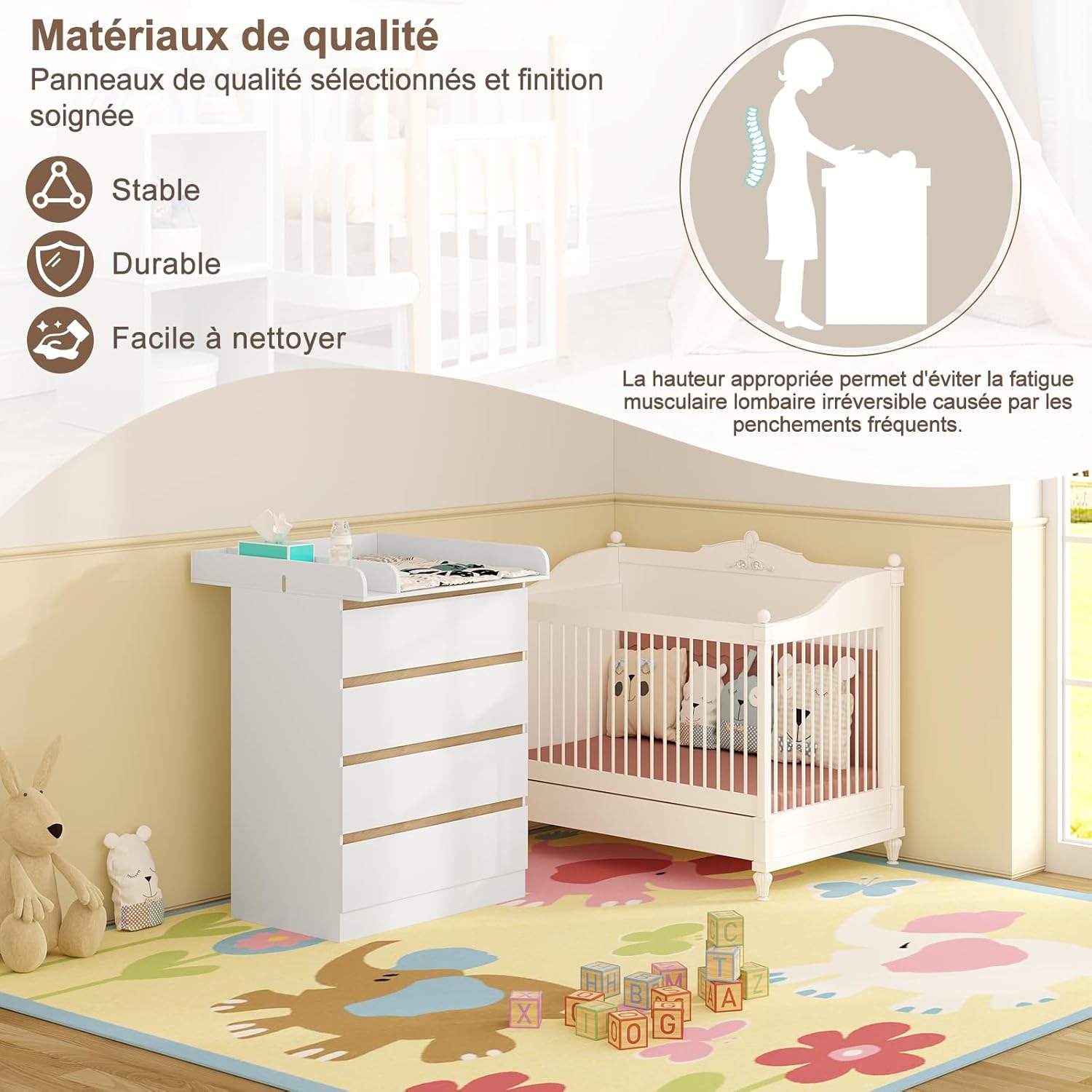 WOLTU Table à Langer + Commode avec 4 Tiroirs, Ensemble Meuble à langer pour Bébé, en Bois d’Ingénierie, Blanc + Chêne Clair, 80x75x109,2cm