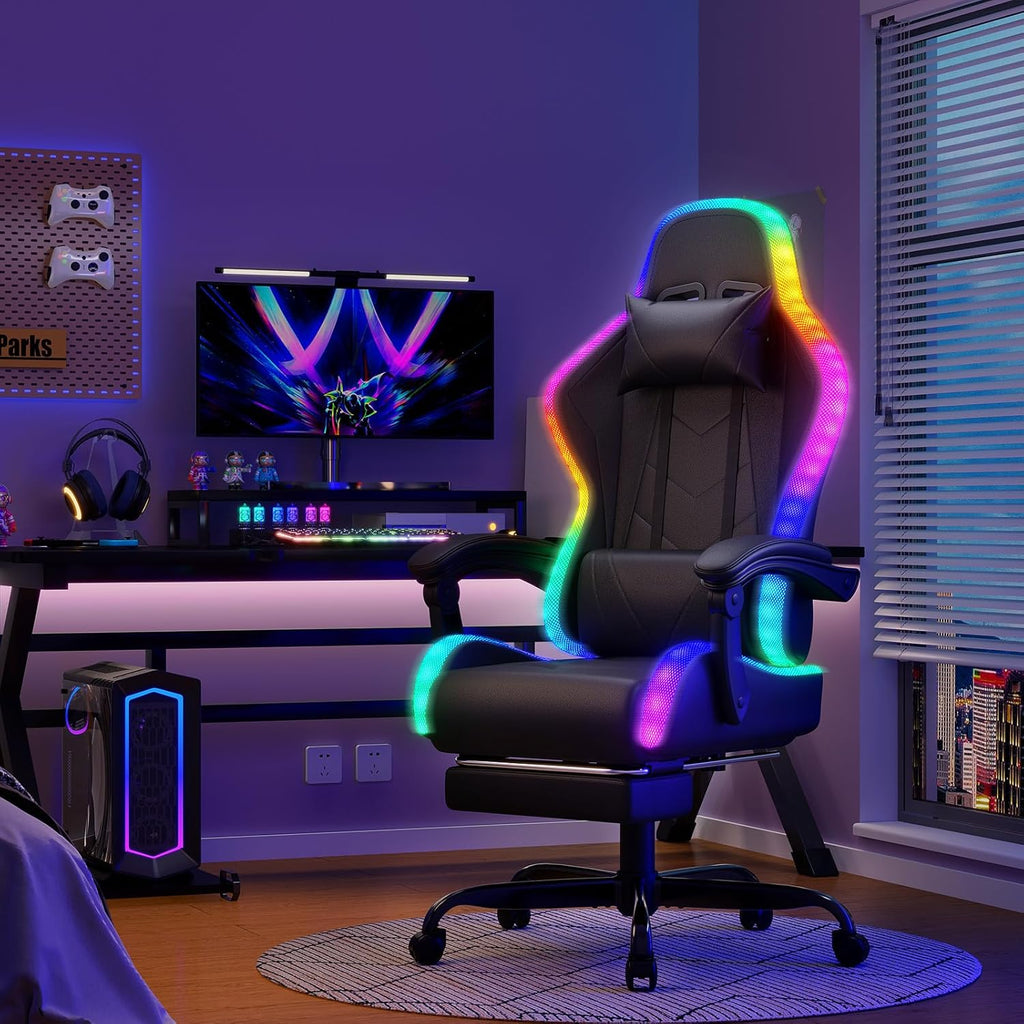 Devoko Chaise Gaming Ergonomique avec LED RGB, Massage Lombaire & Repose-Pieds – Fauteuil Gamer avec Appui-tête réglable – Dossier inclinable & Hauteur Ajustable – 180 kg – Noir