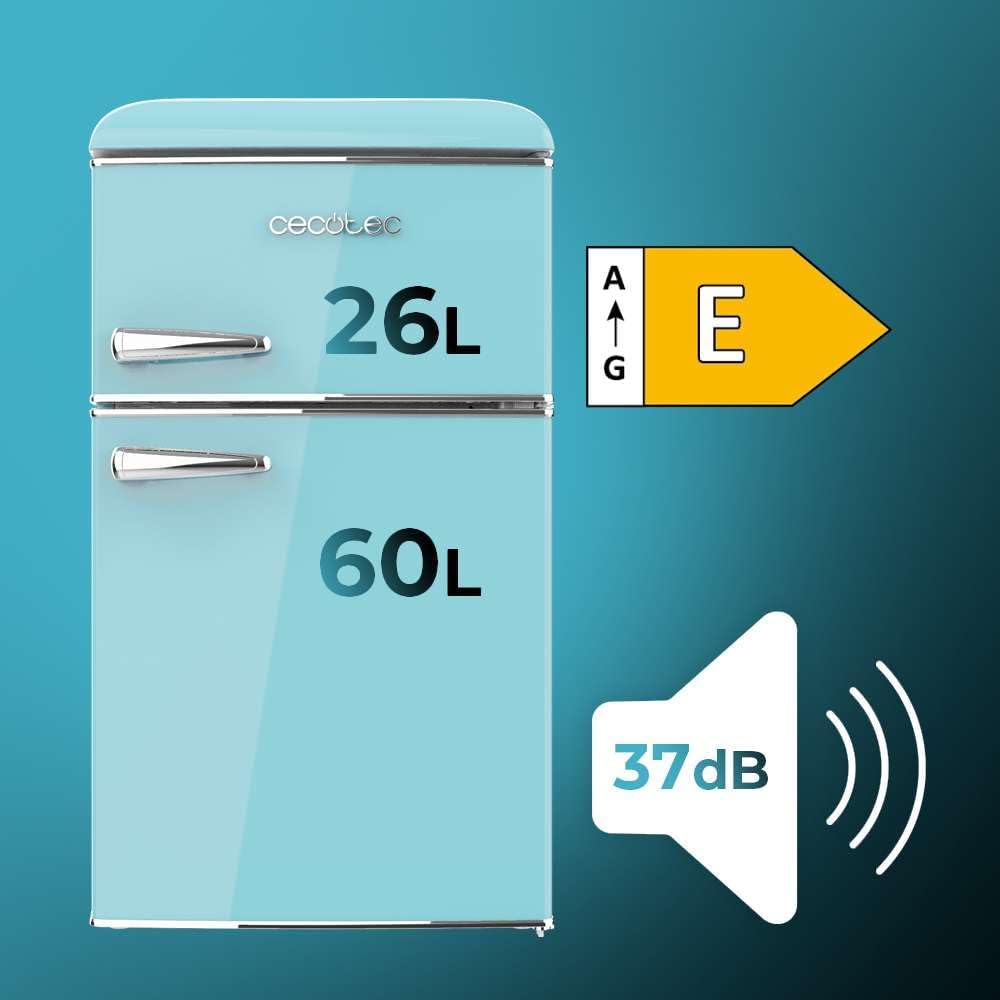 Cecotec Mini Réfrigérateur 2 Portes Retro 86L Bolero CoolMarket 2D Origin 86 Blue E, 89,3cm H et 48,7cm L, IceBox, Classe Énergétoque E, Total No Frost, Lumière Intérieure et Poignée Chromée, Bleu