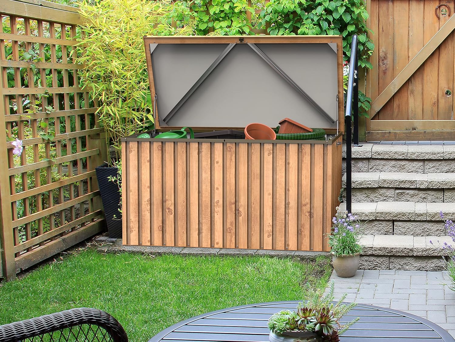 Duramax DH 1.7 (770 L) Coffre de Rangement de jardin en métal avec vérin à gaz hydraulique, coffre de terrasse et rangement de meubles de jardin, Boîte de rangement coussins, grain de bois