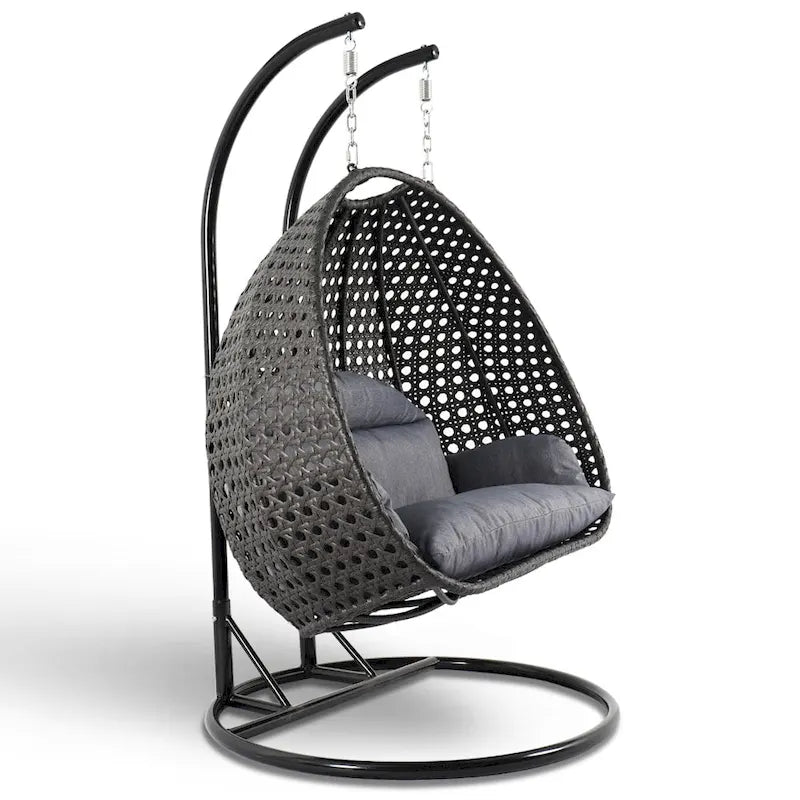 LeisureMod 2 Person Hanging Egg Chair with Stand - Outdoor/Indoor Rattan Wicker Patio Swing Hammock Lounger with Cushions