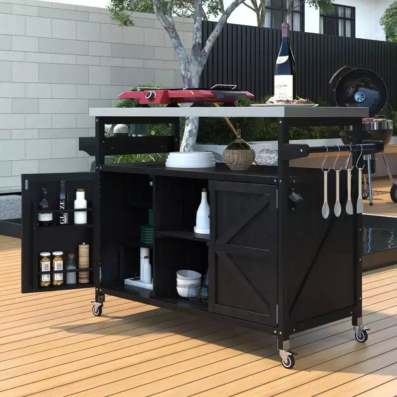 Okak Outdoor Kitchen Island with Stainless Steel Top, Wooden Kitchen Cart with Doors, Shelves and Spice Rack, Rolling Kitchen Island