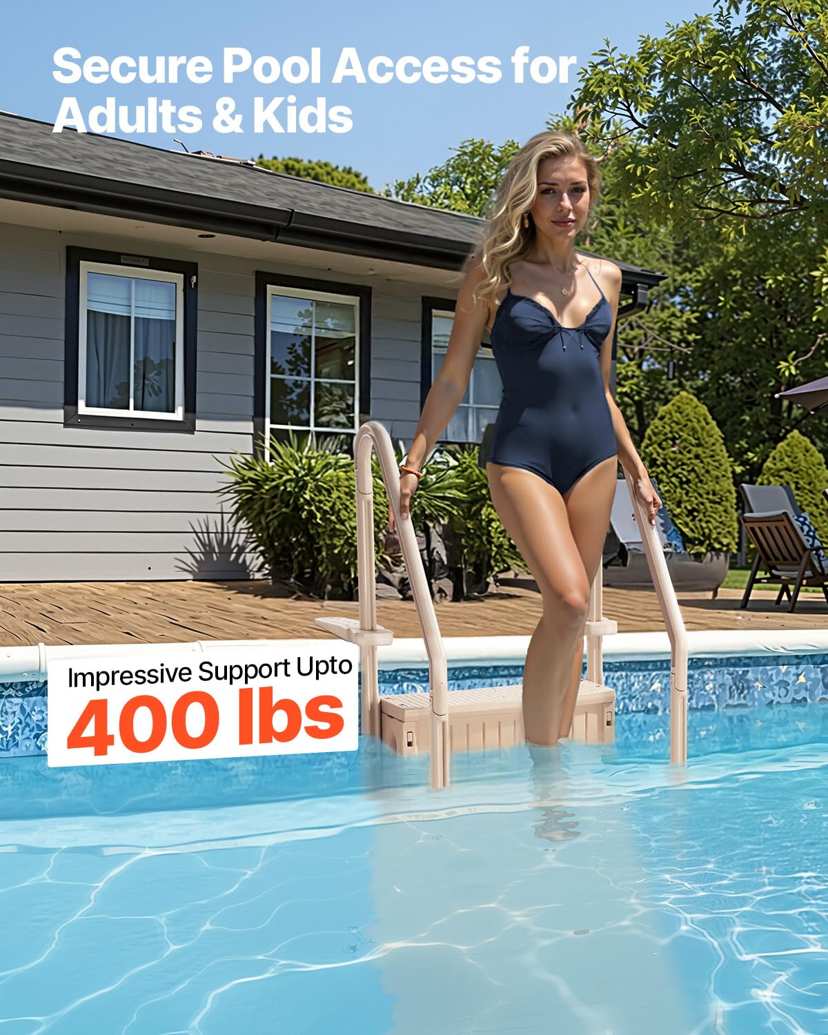VEVOR Escalier de Piscine en Plastique avec 2 Rampes, 4 Marches Antidérapantes, Capacité de Charge 181,4 kg, pour Piscines Creusées Hors Sol 122-137 cm, Terrasse, Maison, Intérieur, Extérieur, Taupe