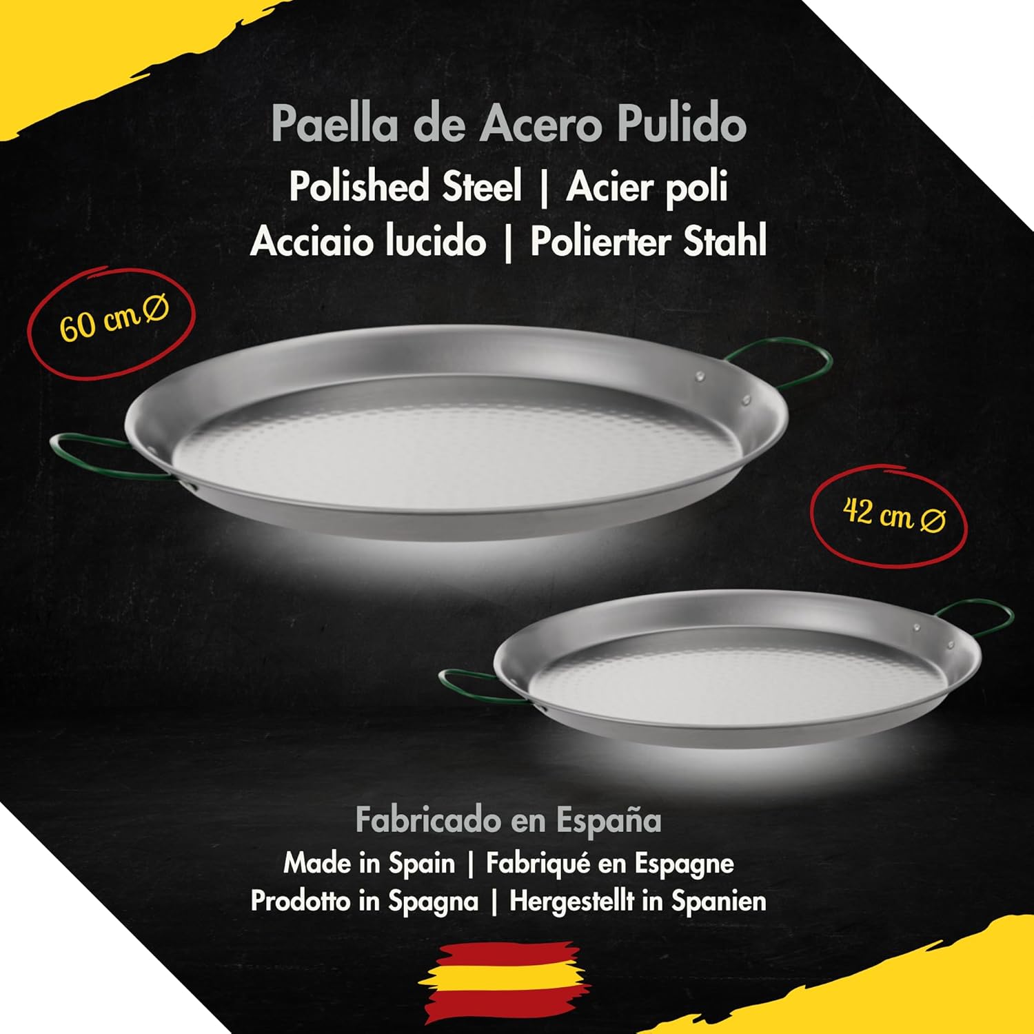 COMBOI - Kit paella, Brûleur à Gaz Butane de 50 cm, Poêles à paella de 60 cm et 42 cm, Régulateur de Gaz, Tuyau, Trépied Renforcé, Tablier et Recettes.