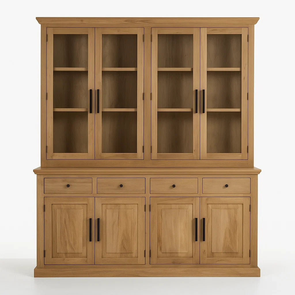 Vitrine en bois de chêne avec portes vitrées en verre trempé 4 tiroirs