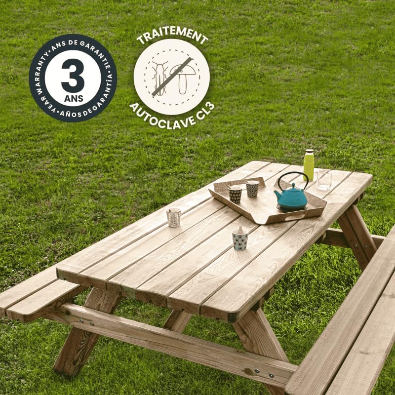 Jardipolys Table de Pique-Nique en Bois avec bancs intégrés 6 Personnes - 1,77 m en Bois - 177 x 160 x 73 cm - Cerland