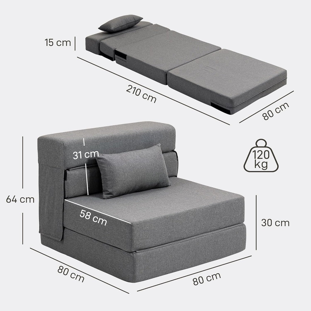 HOMCOM Fauteuil Convertible 1 Place 3 en 1, Fauteuil lit Pliant, chauffeuse 1 Place en Lin avec Large Assise, Coussin Inclus, Matelas Pliable 210 cm pour invités, Salon, Petit Espace, Gris