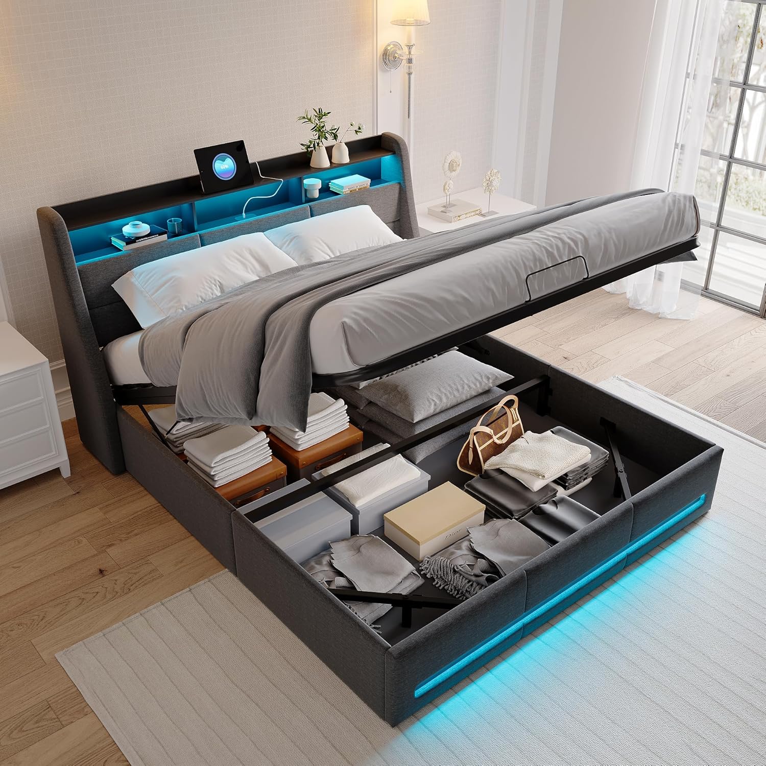 LIVLUX Lit Coffre 140x190 avec sommier LED et USB,Lit Double rembourré avec Rangement hydraulique,lit 2 Personnes pour Adultes et Adolescents,Lin Gris Clair, 140 x 190 cm
