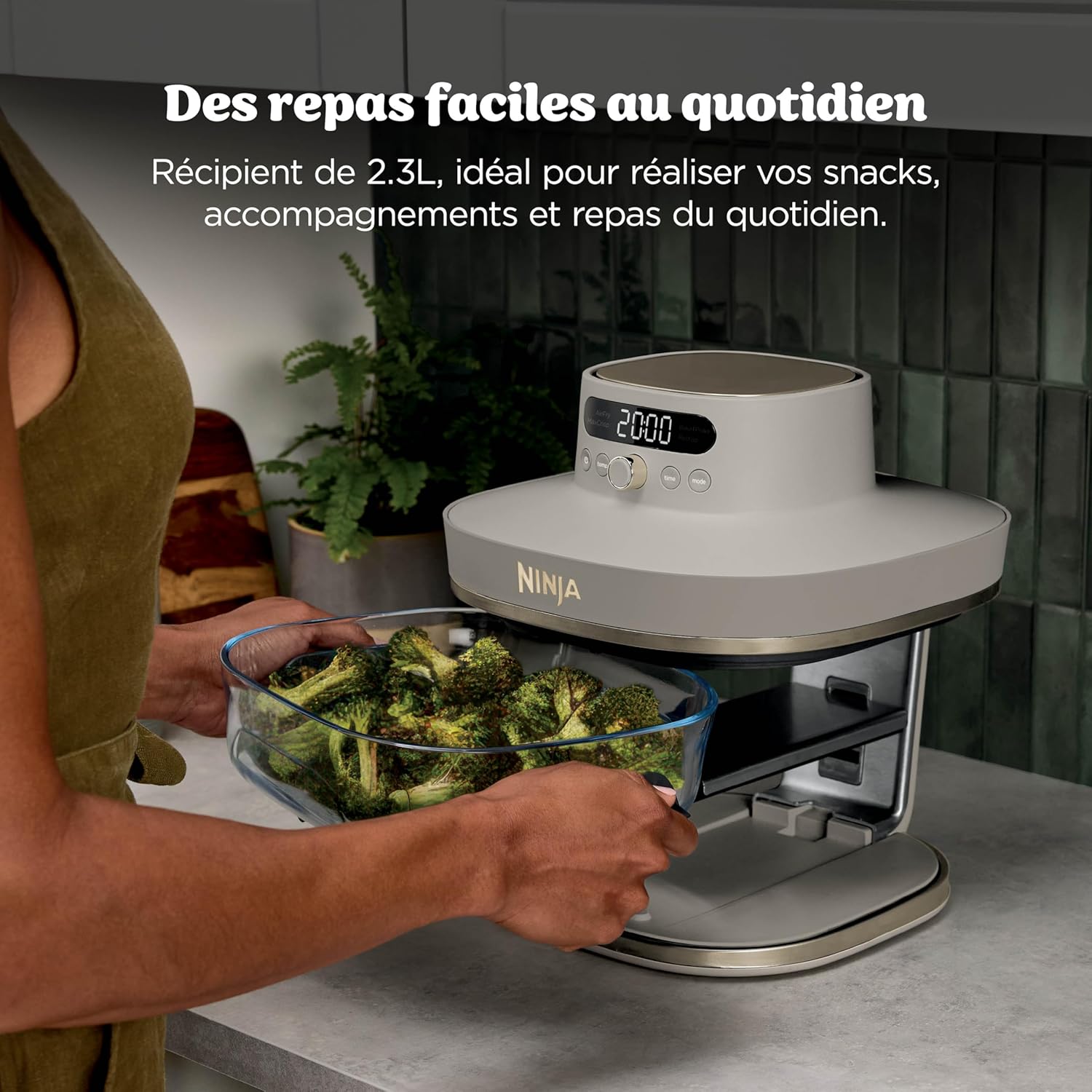 Ninja CRISPi PRO XL, Friteuse sans huile en verre, 5 modes de cuisson prédéfinis, avec contenants en verre CleanCrisp de 5,7 l et 2,3 l, couvercles de rangement, Stone/Or AS090EUSD
