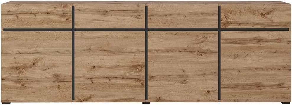 Buffet XL couleur chêne et noir 225 cm, collection Havana. Buffet moderne avec 4 portes et 4 tiroirs.