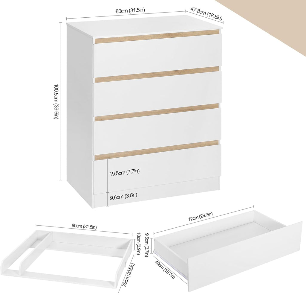 WOLTU Table à Langer + Commode avec 4 Tiroirs, Ensemble Meuble à langer pour Bébé, en Bois d’Ingénierie, Blanc + Chêne Clair, 80x75x109,2cm