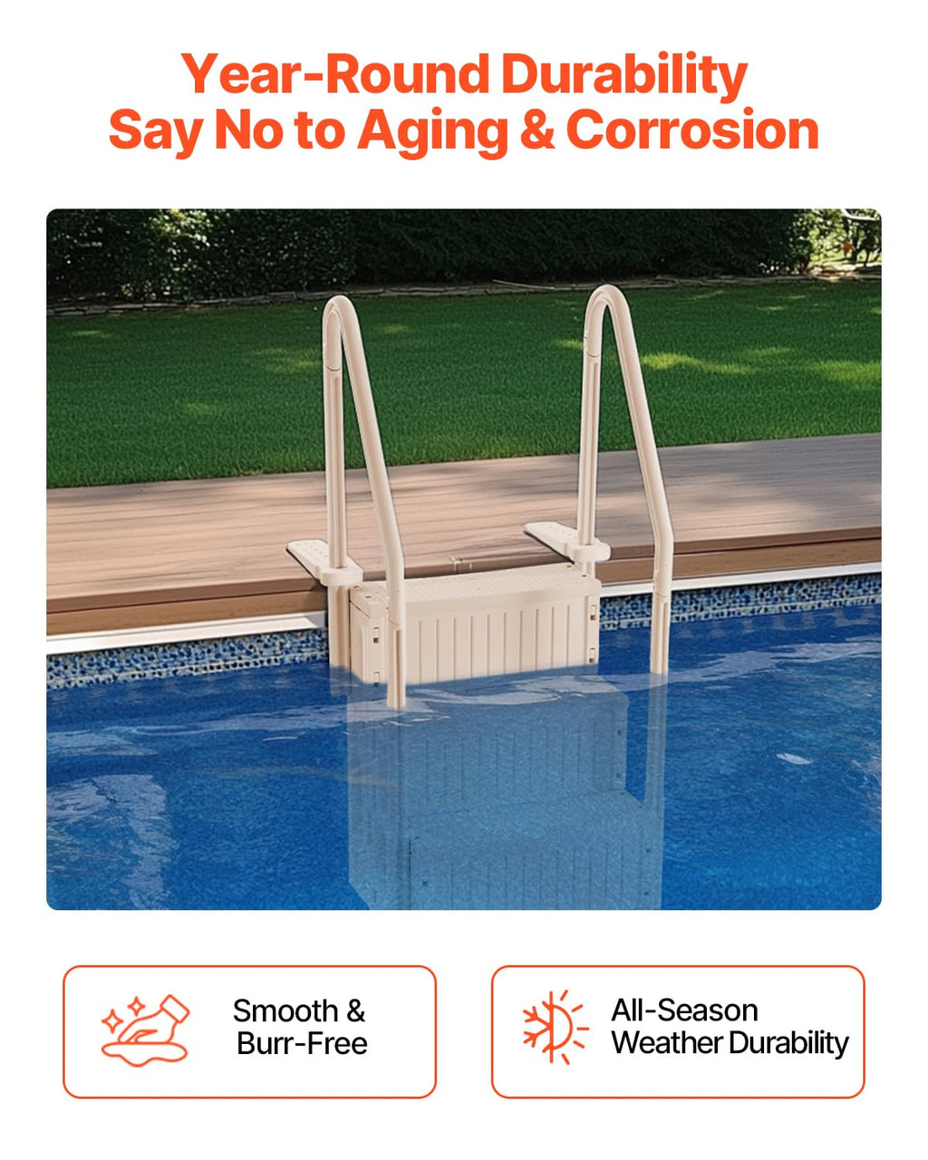 VEVOR Escalier de Piscine en Plastique avec 2 Rampes, 4 Marches Antidérapantes, Capacité de Charge 181,4 kg, pour Piscines Creusées Hors Sol 122-137 cm, Terrasse, Maison, Intérieur, Extérieur, Taupe