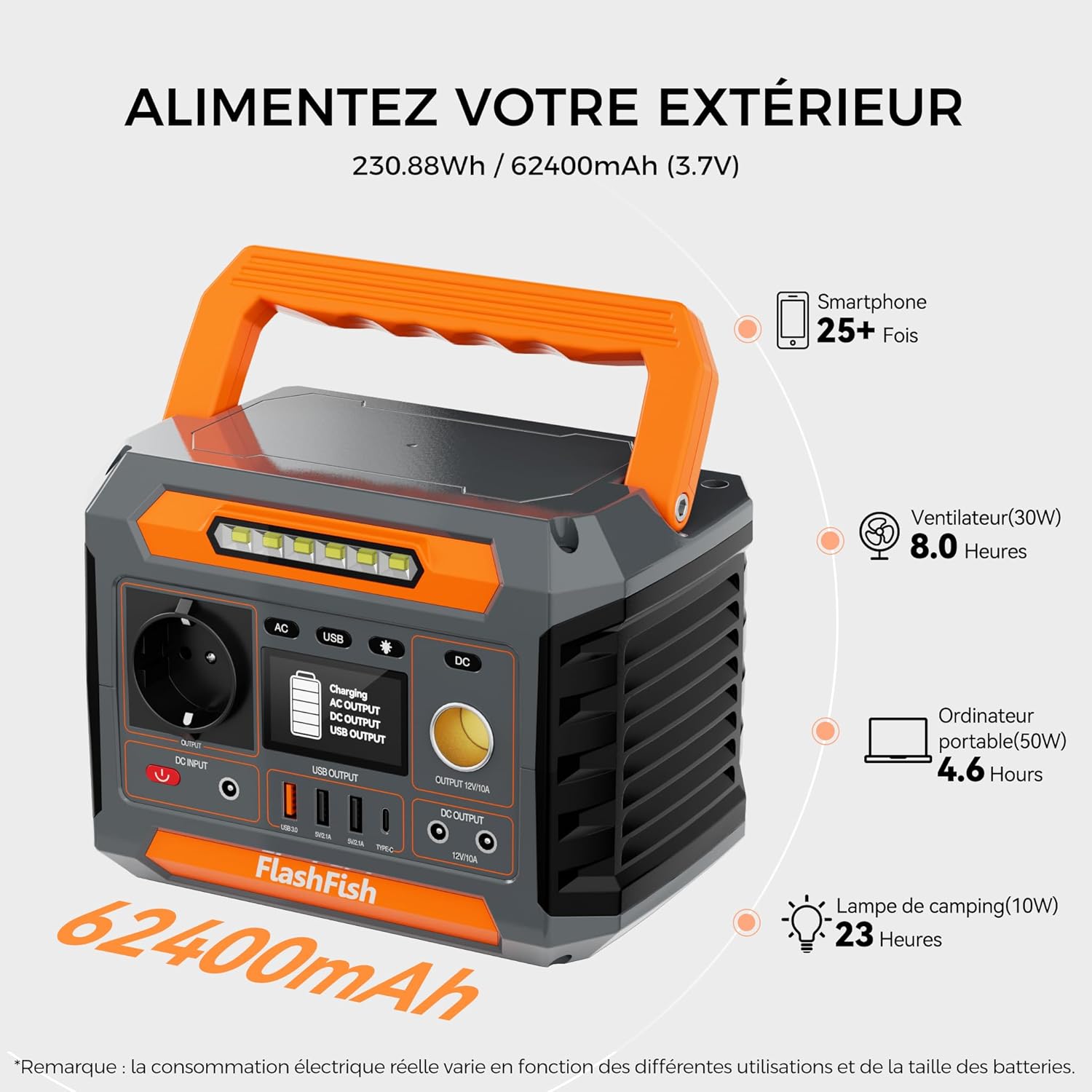FlashFish 230,88 Wh Generateur Électrique Avec Panneau Solaire 60W, Générateur Solaire Portable 300W Avec 230V AC/DC/USB/type C/lumières LED -Batterie de Secours Pour camping, voyages et Urgences