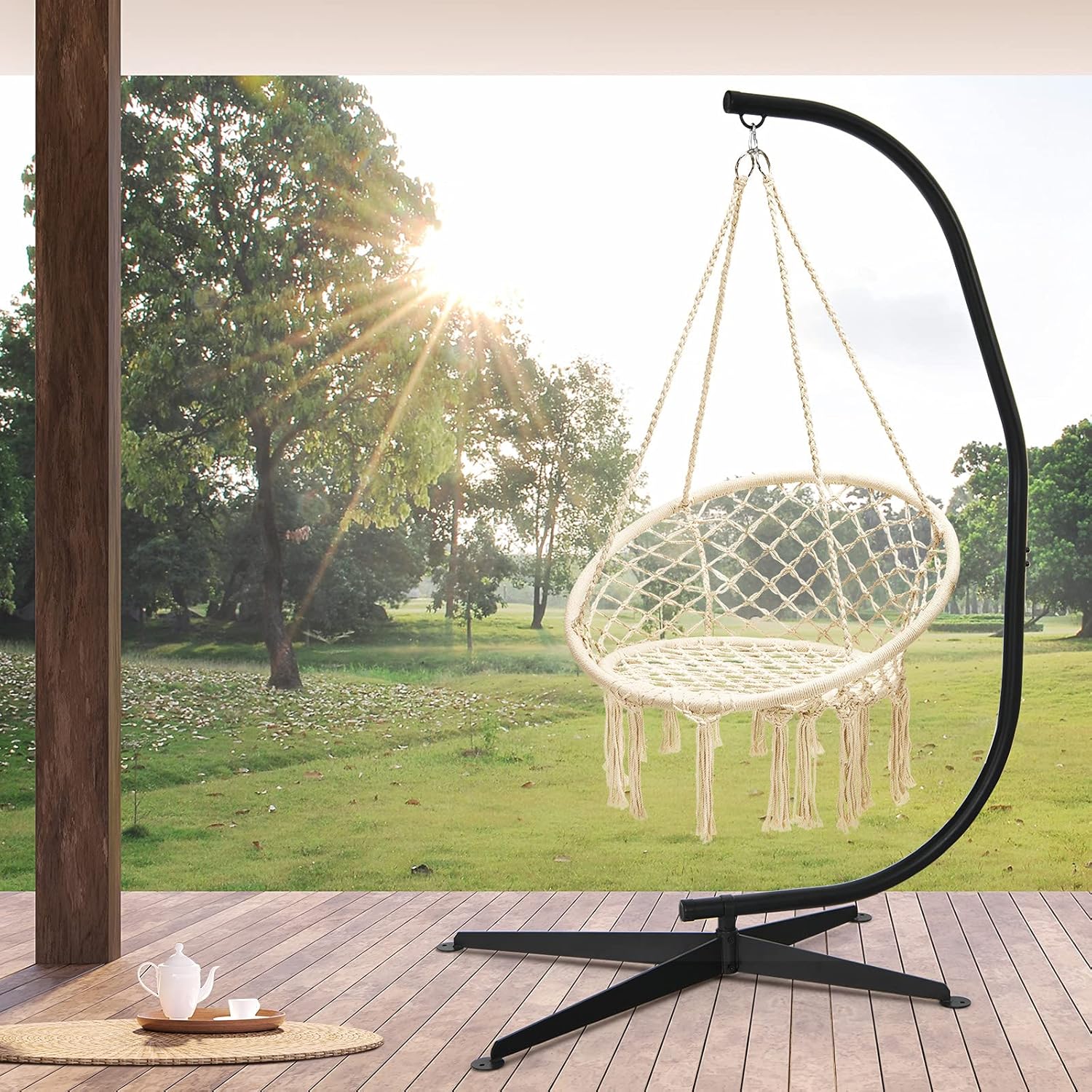GIANTEX Support Fauteuil Suspendue Structure Métallique Robuste, pour Fauteuil Hamac Suspendu d'Intérieur et d'Extérieur/Balançoire Nid d'Oiseau, Charge de 150 kg, 111 x 84 x 207 cm, Noir