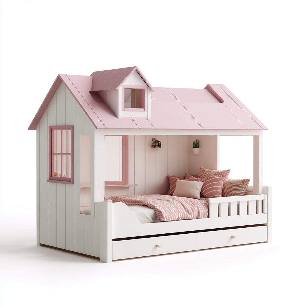 Lit enfant en bois 200x110x160 cm - blanc-rose - style maisonnette