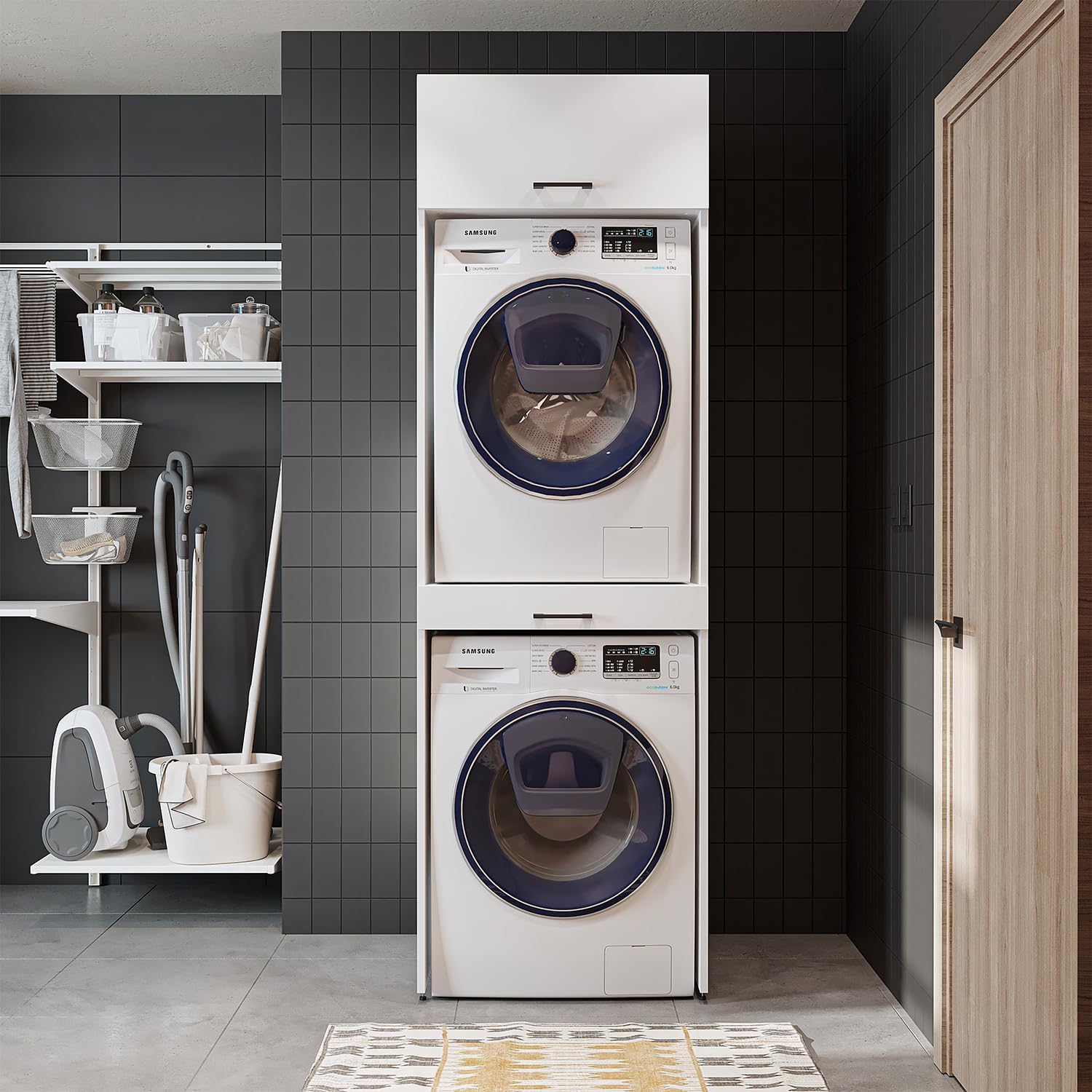 • Armoire de machine à laver pour sèche-linge et machine à laver • Avec planche coulissante • Blanc • Chêne noir • Armoire superposée (blanc, avec armoire pliante de 22 cm)