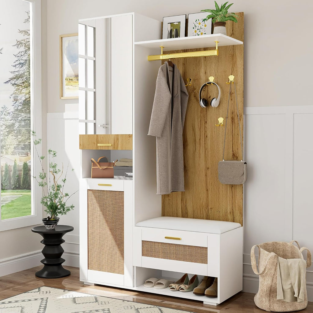 Meuble armoire pratique avec miroir pleine longueur,rangement chaussures avec assise basse,crochets suspendus en métal doré,étagères latérales ouvertes,vertical pour entrée claire Bois+Blanc