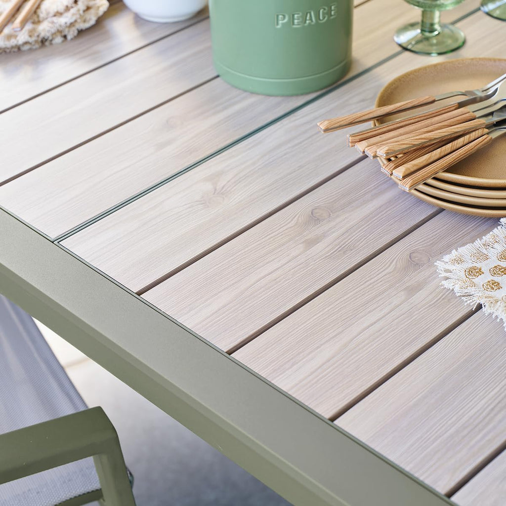 Hespéride - Table de Jardin Extensible Evasion Beige - 10 Places - Aluminium Antirouille Aluminium Effet Bois - Rallonge Coulissante