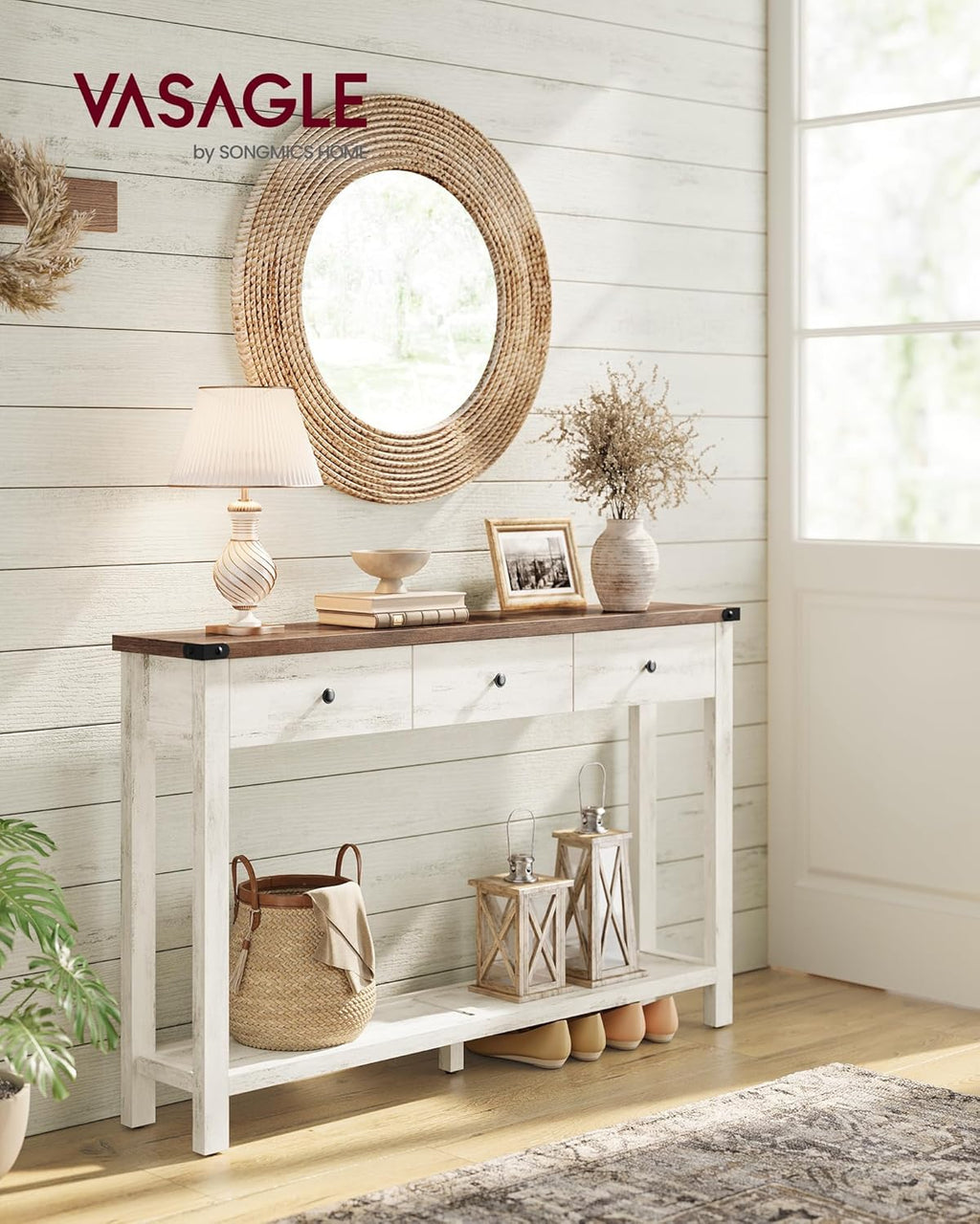 VASAGLE Table Console, Table d'Entrée avec 3 Tiroirs et Étagère de Rangement, pour Entrée, Salon, Style Campagnard, Marron Miel et Blanc Rustique LNT142WJ01