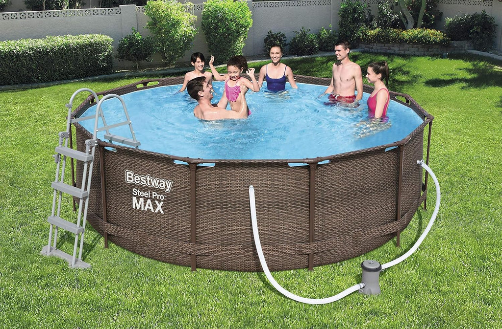 Bestway 56709 Piscine Hors Sol Power Steel™ Effet Rotin Diamètre 366 X 100 cm, Filtre à Cartouche, Échelle