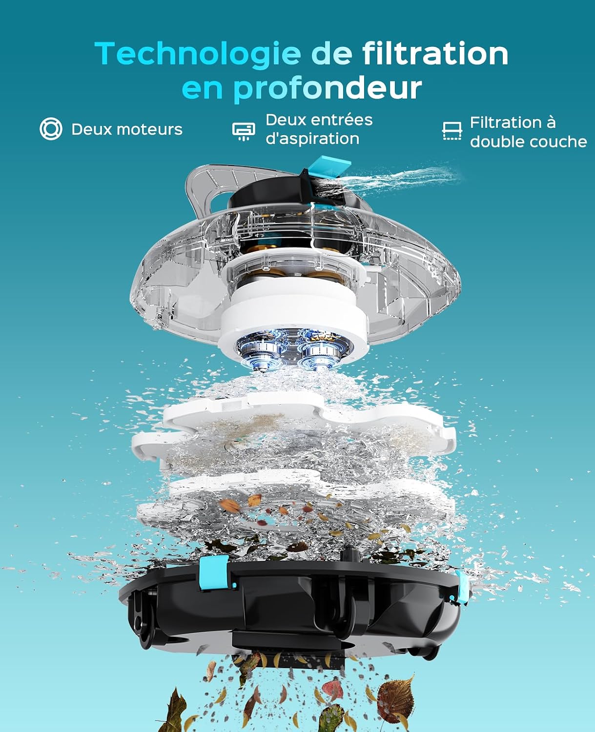 WINNY POOL CLEANER Winny 200P Robot Piscine, Aspirateur Piscine sans Fil avec Batterie, Autonomie 80 Min pour Piscines Hors-Sol 60m², Double Filtration,Stationnement Automatique(Noir-Bleu)