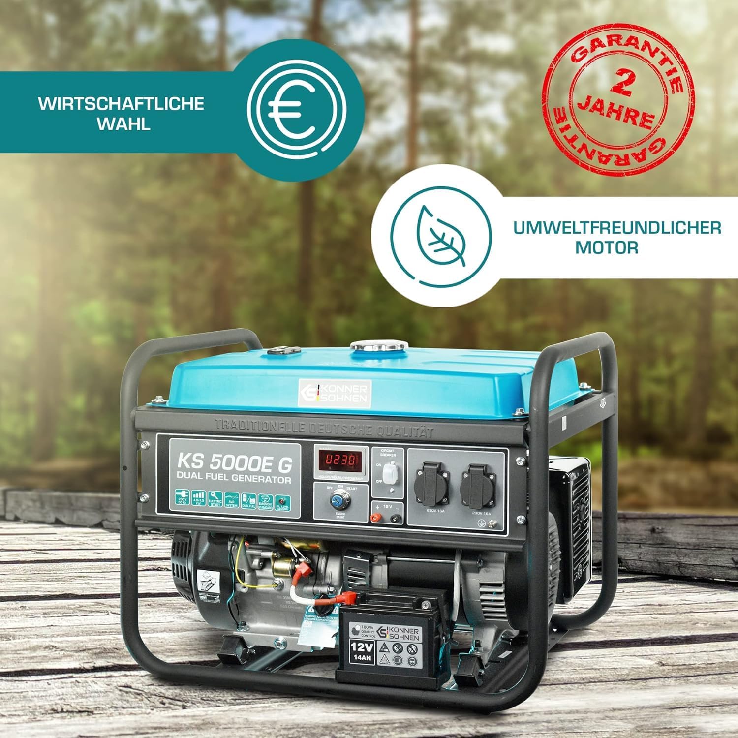 Groupe électrogène à essence/gaz KS 5000E G Könner & Söhnen, puissance maximale 4500W, démarrage manuel/électrique, prises 2x16A, 12 V, régulateur de tension automatique (AVR), affichage LED.