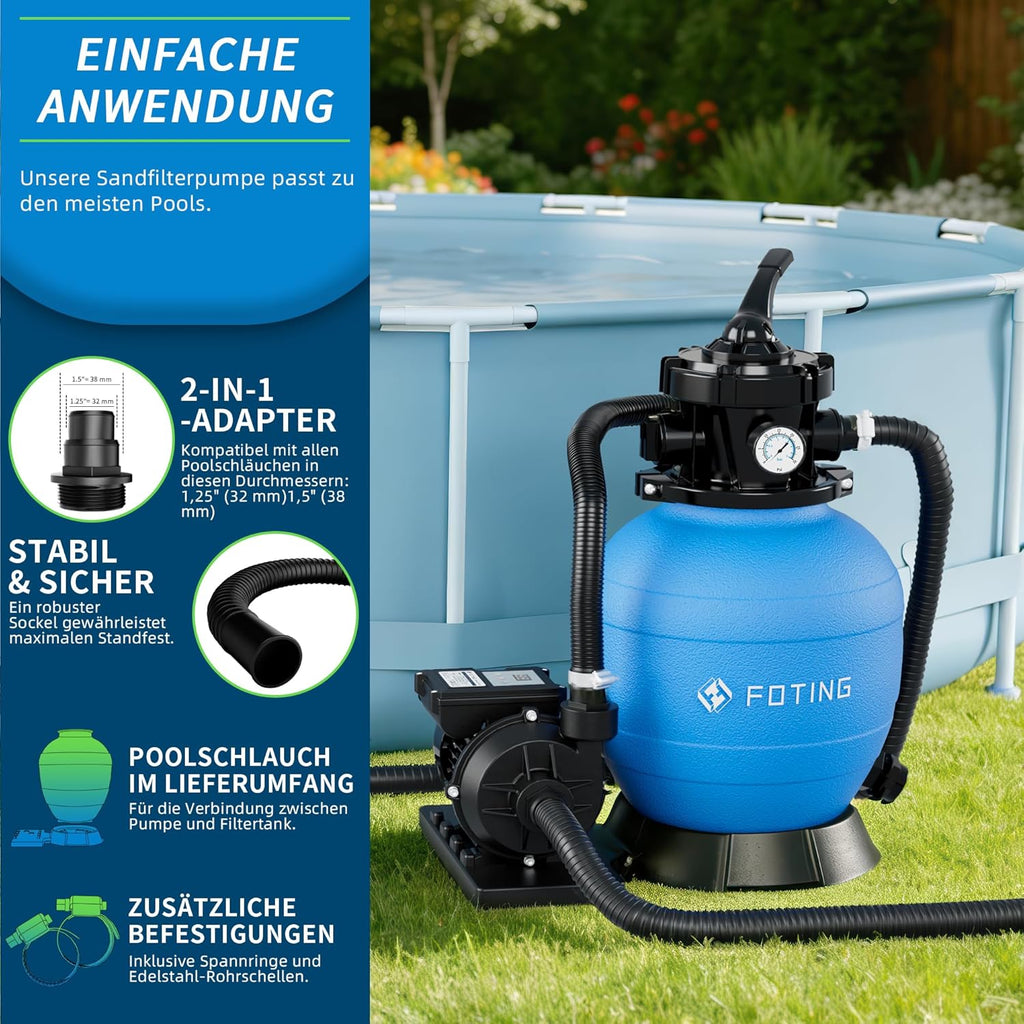 FOTING Système de Filtre à Sable pour Piscine 11 500 L/h (11,5 m³/h) INCL. 200 g de Billes Filtrantes, Filtre de Piscine avec Vanne 7 Voies, Minuterie 24 h, Adaptateur 2-en-1 Ø32–38 mm