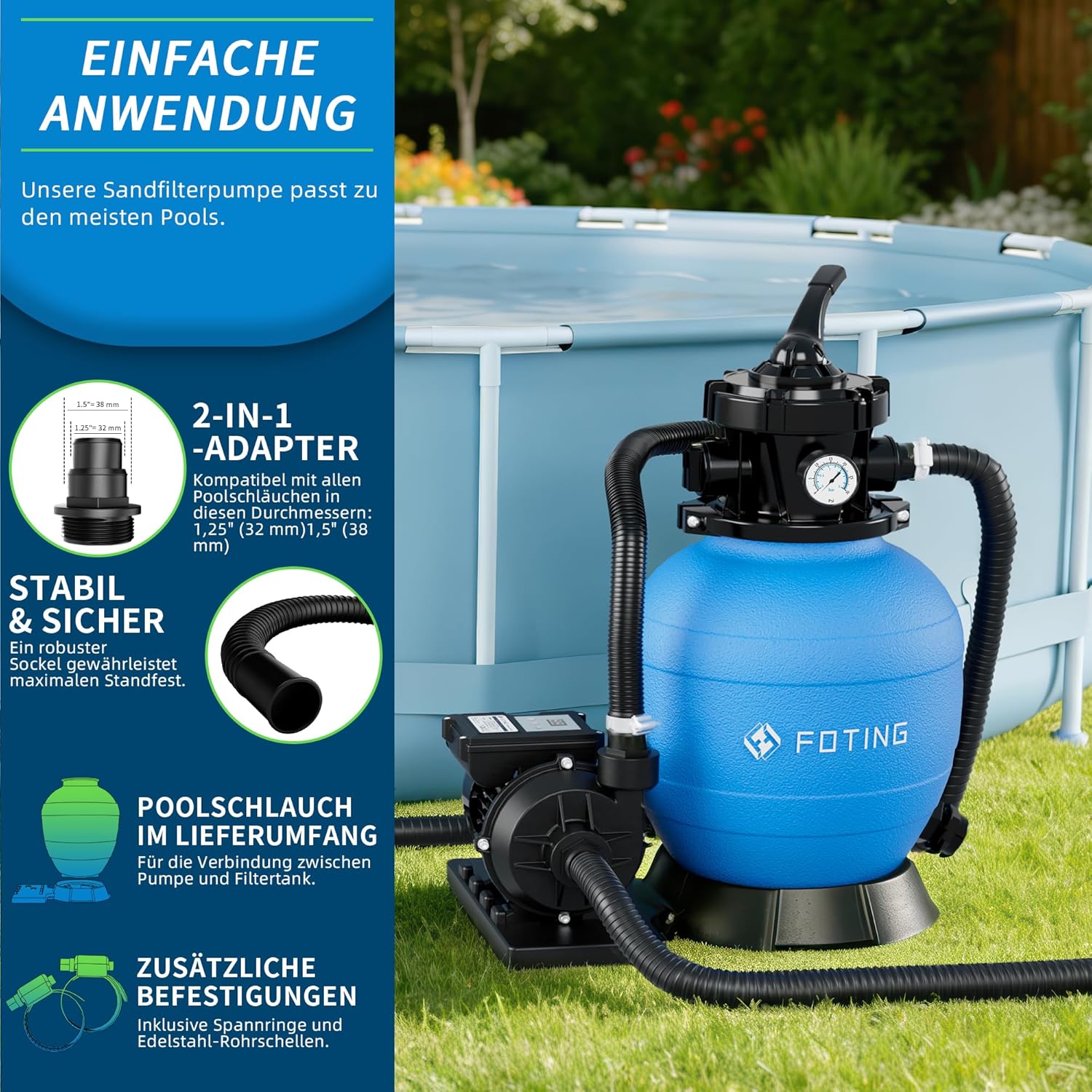 FOTING Système de Filtre à Sable pour Piscine 11 500 L/h (11,5 m³/h) INCL. 200 g de Billes Filtrantes, Filtre de Piscine avec Vanne 7 Voies, Minuterie 24 h, Adaptateur 2-en-1 Ø32–38 mm