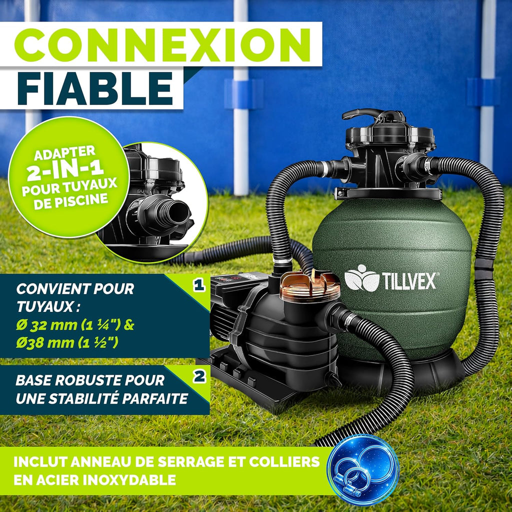 tillvex® Système de Filtre à Sable 13 200L/h jusqu'à 40 000L + 1200g Boules Filtre | 7 Fonctions & Adaptateur 2en1 Ø32-38mm | Filtre piscine & indicateur de pression (Vert, Avec minuterie)