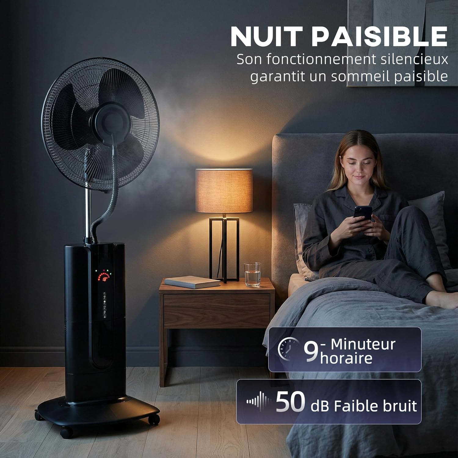 HOMCOM Ventilateur brumisateur 100 W à ionisation négative, ventilateur sur pied 130 cm, oscillation à 120°, 3 vitesses, 3 modes, réservoir d'eau 1,5 L, télécommande, minuterie 9h, roulettes, noir