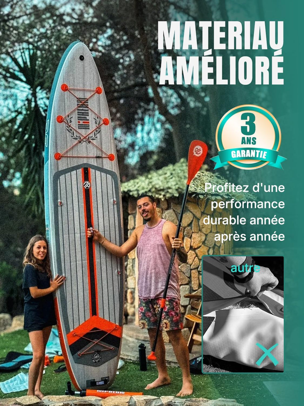 Niphean Extra Large Paddle Gonflable, Sup à 2+1 Personnes/Famille, Planches de Stand Up Paddle Gonflables avec Idéal Débutant Aileron Équilibré, Housse Étanche, Paddle Gonflable Adulte, Cadeaux