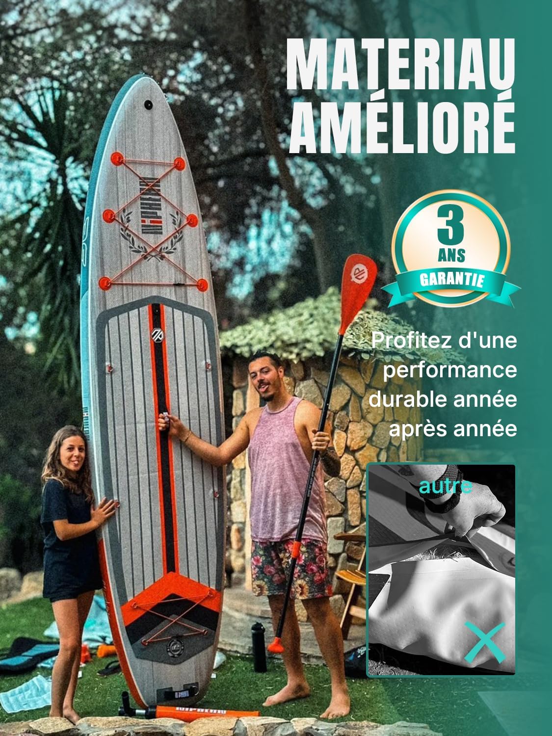 Niphean Extra Large Paddle Gonflable, Sup à 2+1 Personnes/Famille, Planches de Stand Up Paddle Gonflables avec Idéal Débutant Aileron Équilibré, Housse Étanche, Paddle Gonflable Adulte, Cadeaux