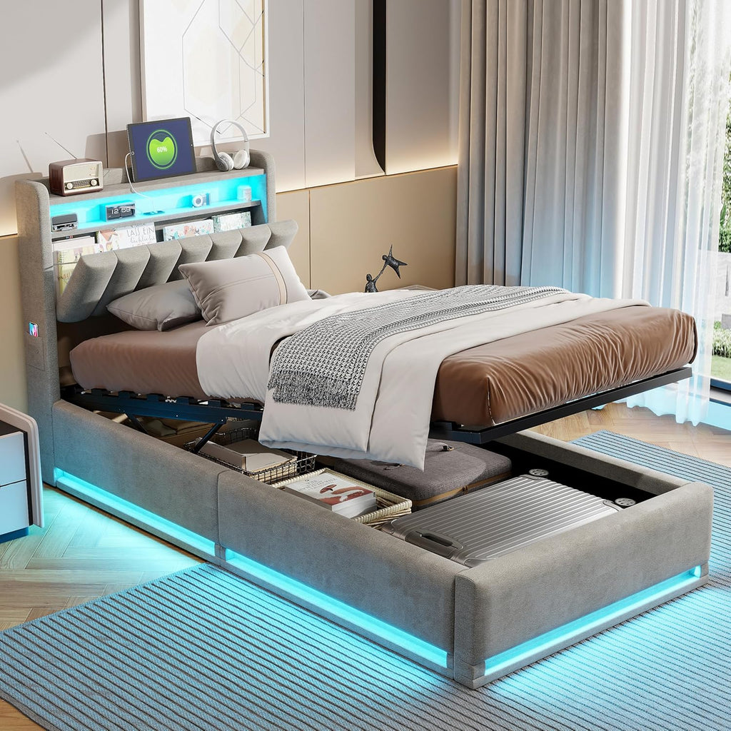 Lit Coffre 90x200 cm avec LED et Ports USB,Tête de Lits avec Rangement,Lit Double avec Sommier à Lattes, Facile à Assembler,pour Adultes et Adolescents,Velours (Gris, 90x200 cm)