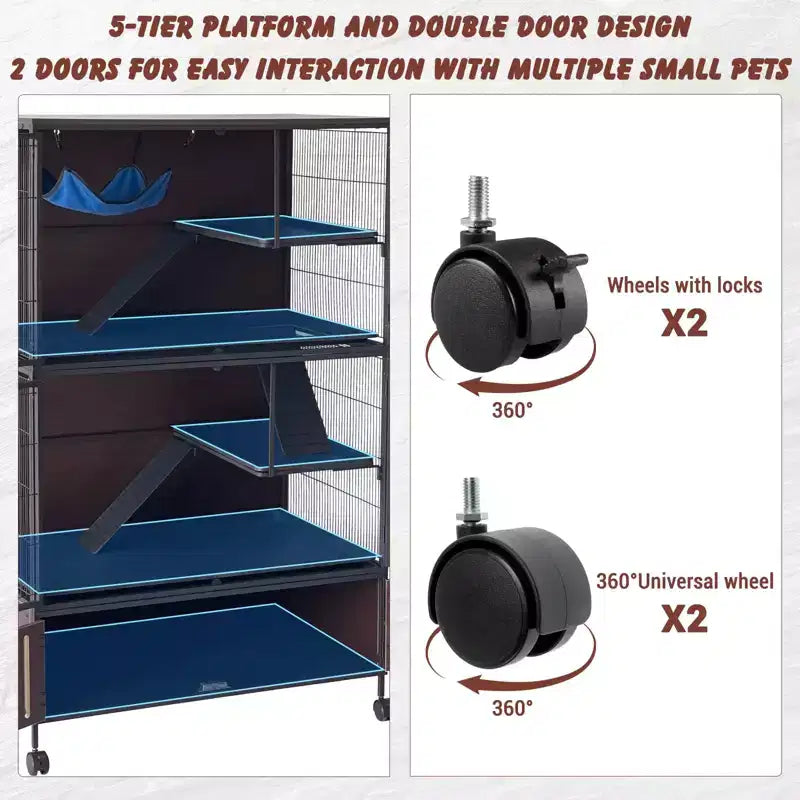 Small Animal Cage, Ferret Cage - 59'' 5-Tier Habitat with Storage Cabinet, Includes Hammock/Wheels/Removable Ramps/Easy-Clean Trays