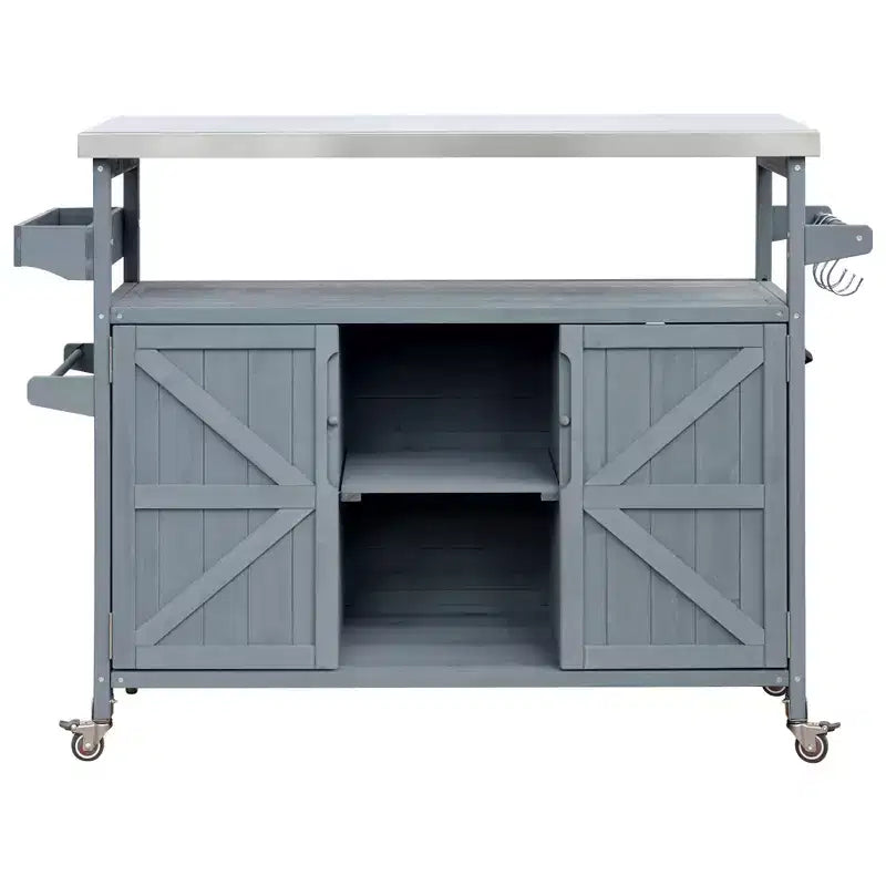Okak Outdoor Kitchen Island with Stainless Steel Top, Wooden Kitchen Cart with Doors, Shelves and Spice Rack, Rolling Kitchen Island
