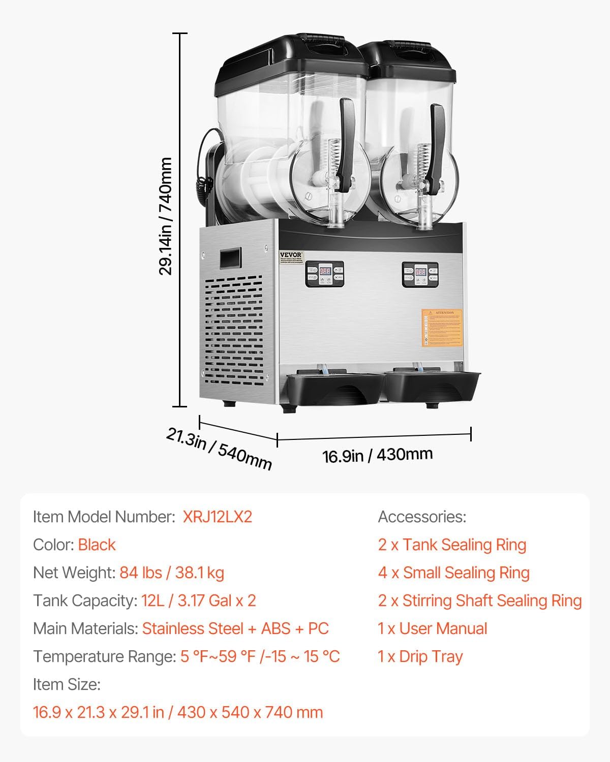VEVOR Machine à Granité Commerciale 2x12 L Double Réservoir, Machine à Boissons Glacées en Inox de 96 Tasses, Distributeur de Boissons Frappées Granitas Margarita Smoothie, pour Restaurants Cafés Bars