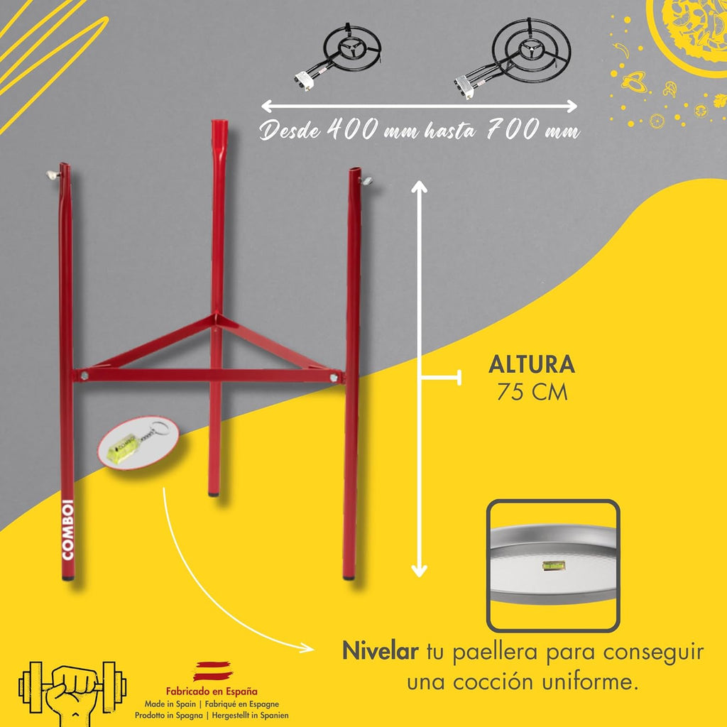 COMBOI - Kit paella, Brûleur à Gaz Butane de 50 cm, Poêles à paella de 60 cm et 42 cm, Régulateur de Gaz, Tuyau, Trépied Renforcé, Tablier et Recettes.