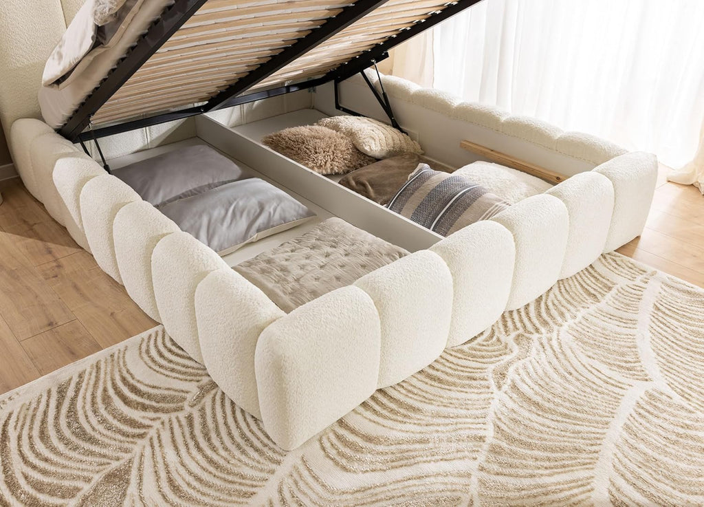 FURNISTAR MIA Lit capitonné avec coffre de lit, lit 140 x 200 cm, lit double avec espace de rangement et sommier à lattes, aspect lit à sommier tapissier, sans matelas, chambre à coucher - Blanc