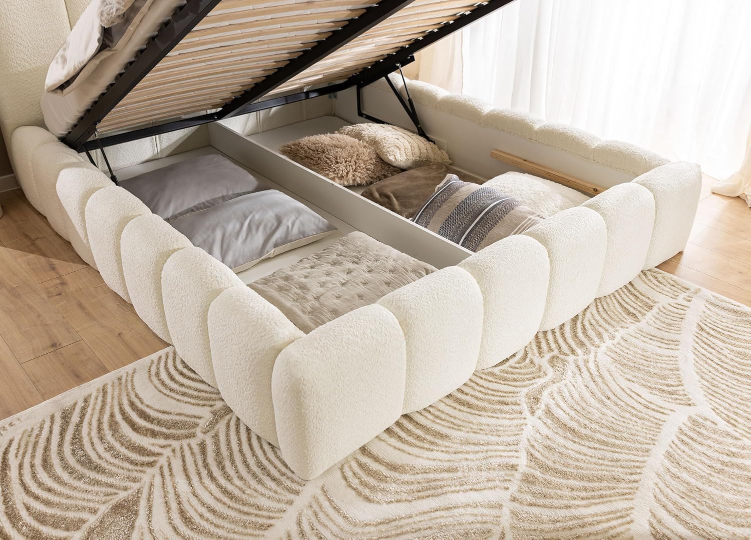 FURNISTAR MIA Lit capitonné avec coffre de lit, lit 140 x 200 cm, lit double avec espace de rangement et sommier à lattes, aspect lit à sommier tapissier, sans matelas, chambre à coucher - Blanc