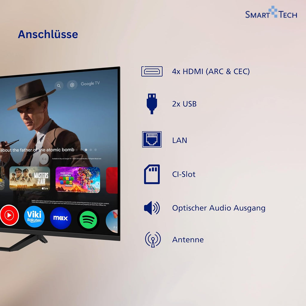 Smart Tech QLED 43QG06V2 Téléviseur Google TV HDR avec résolution 4K UHD, Bluetooth et Triple Tuner, Smart TV 43QG06V2 (2026)