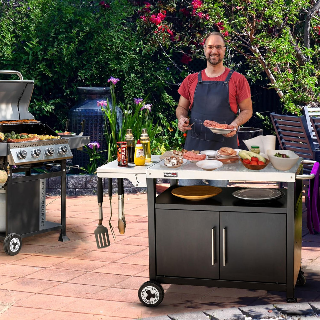 Royal Gourmet Chariot de Barbecue avec Porte d'Armoire, Desserte Extérieure pour Plancha avec Dessus de Table en Acier INOX 85 x 50cm et Table d'Appoint Pliable de 30 x 50cm, pour Cuisine et Jardin
