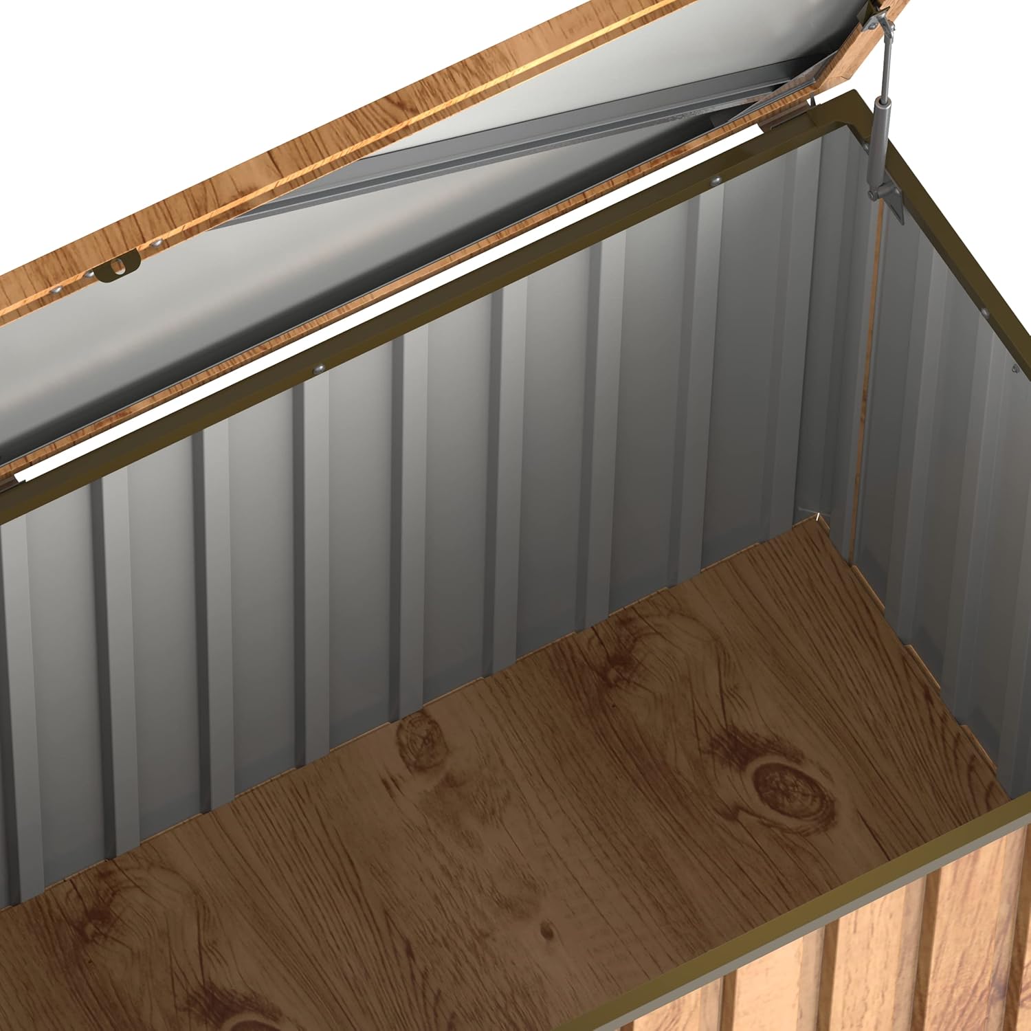 Duramax DH 1.7 (770 L) Coffre de Rangement de jardin en métal avec vérin à gaz hydraulique, coffre de terrasse et rangement de meubles de jardin, Boîte de rangement coussins, grain de bois