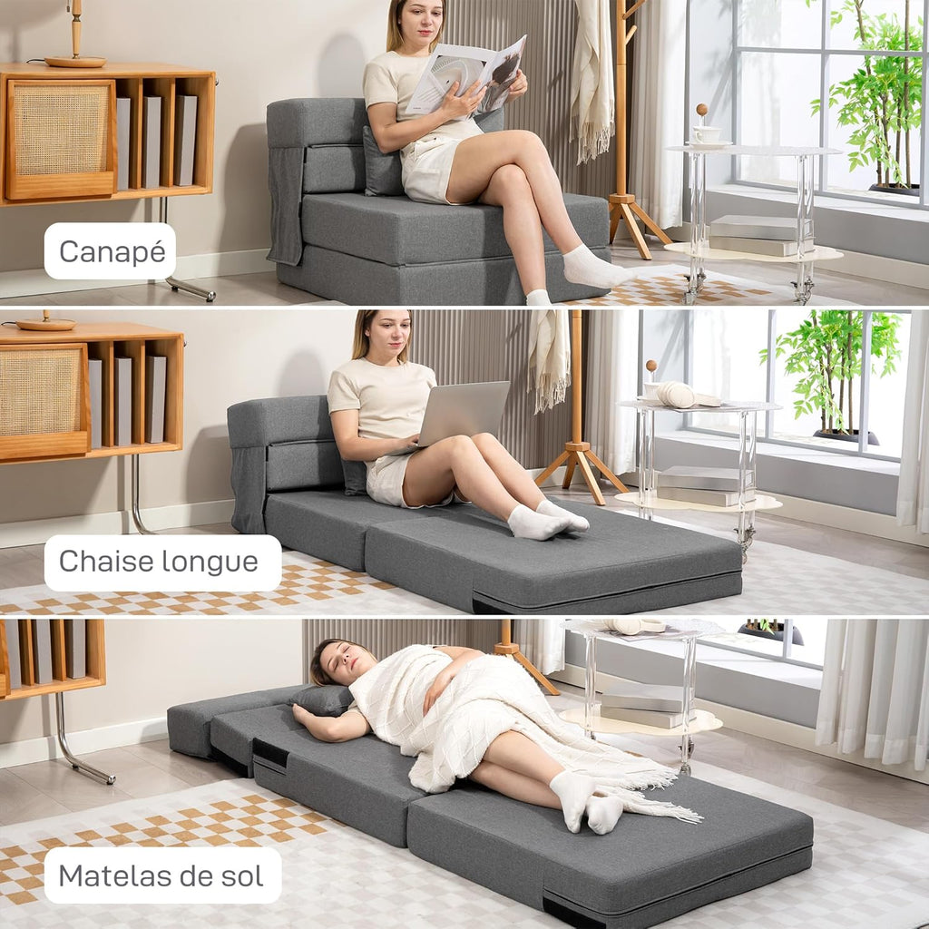 HOMCOM Fauteuil Convertible 1 Place 3 en 1, Fauteuil lit Pliant, chauffeuse 1 Place en Lin avec Large Assise, Coussin Inclus, Matelas Pliable 210 cm pour invités, Salon, Petit Espace, Gris