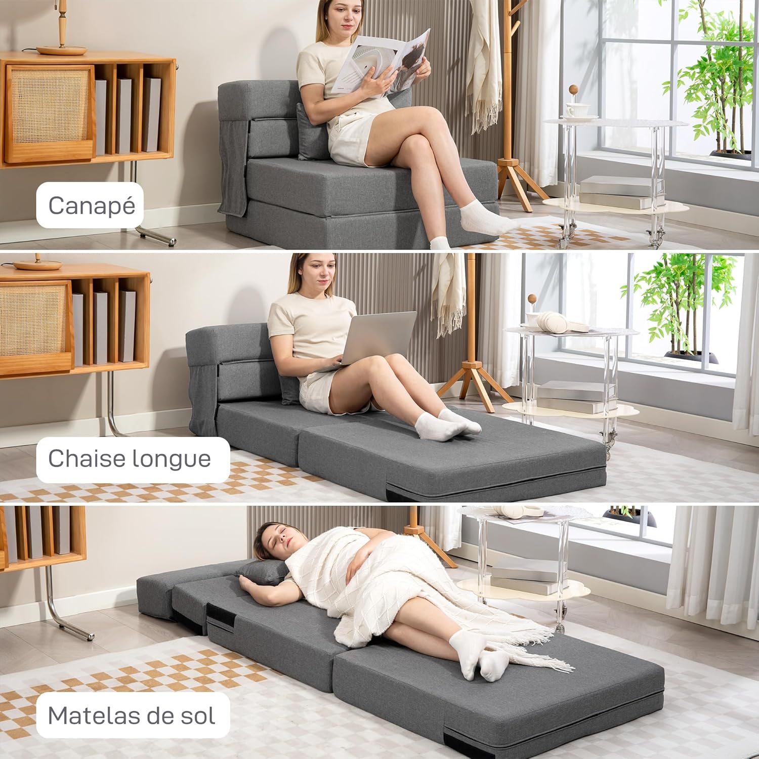 HOMCOM Fauteuil Convertible 1 Place 3 en 1, Fauteuil lit Pliant, chauffeuse 1 Place en Lin avec Large Assise, Coussin Inclus, Matelas Pliable 210 cm pour invités, Salon, Petit Espace, Gris