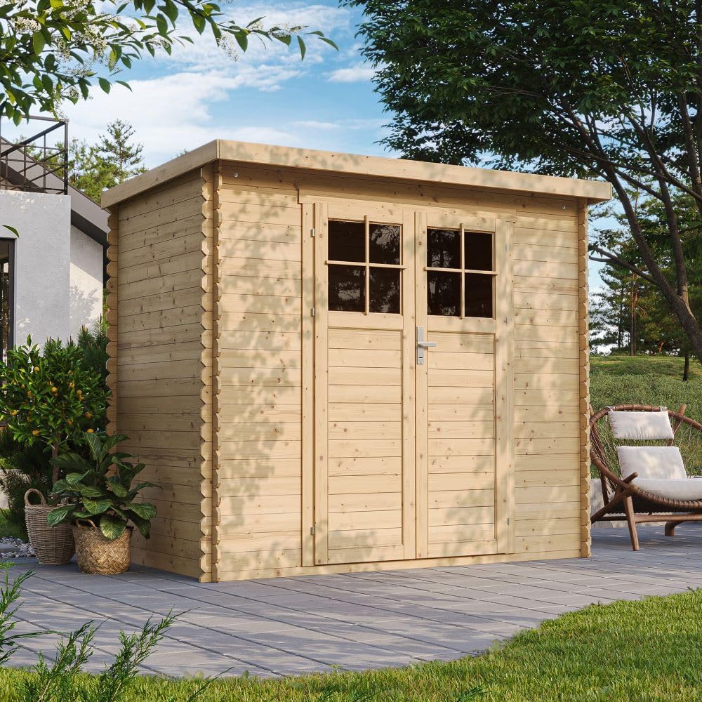 TIMBELA M310F+M310G Abri de Jardin en Bois avec Sol TRAITÉ - Porte verrouillable de Haute qualité- Stockage extérieur l239xL144xH200cm/2.63 m2 - Petit abri à Outils, Local à vélos - Toit imperméable