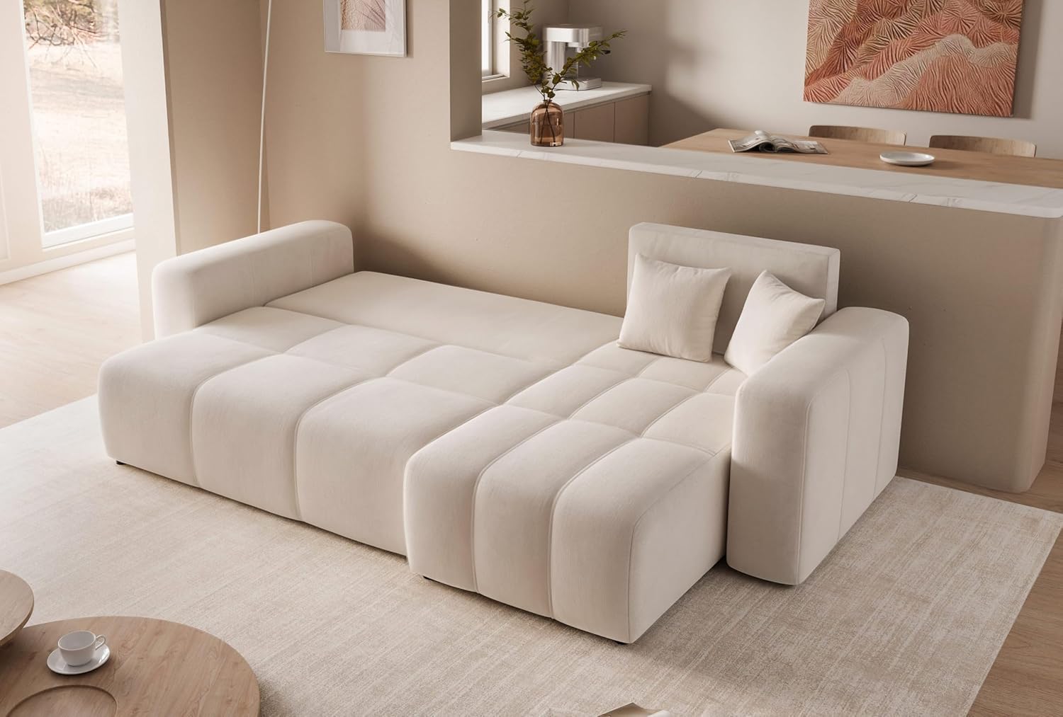 Canapé d'angle Convertible 145x248 à Gauche ou à Droite - Canapé 3 Places Convertible Beige avec Espace de Rangement