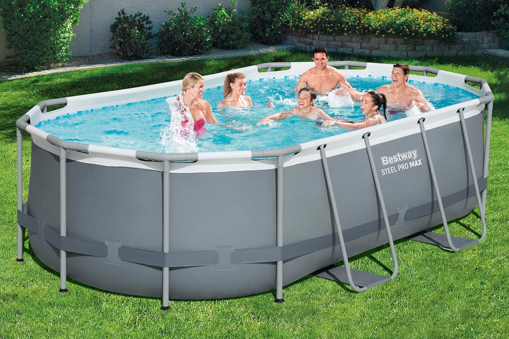 Bestway Power Steel Frame Piscine avec Pompe de Filtration 427 x 250 x 100 cm, Gris, Ovale