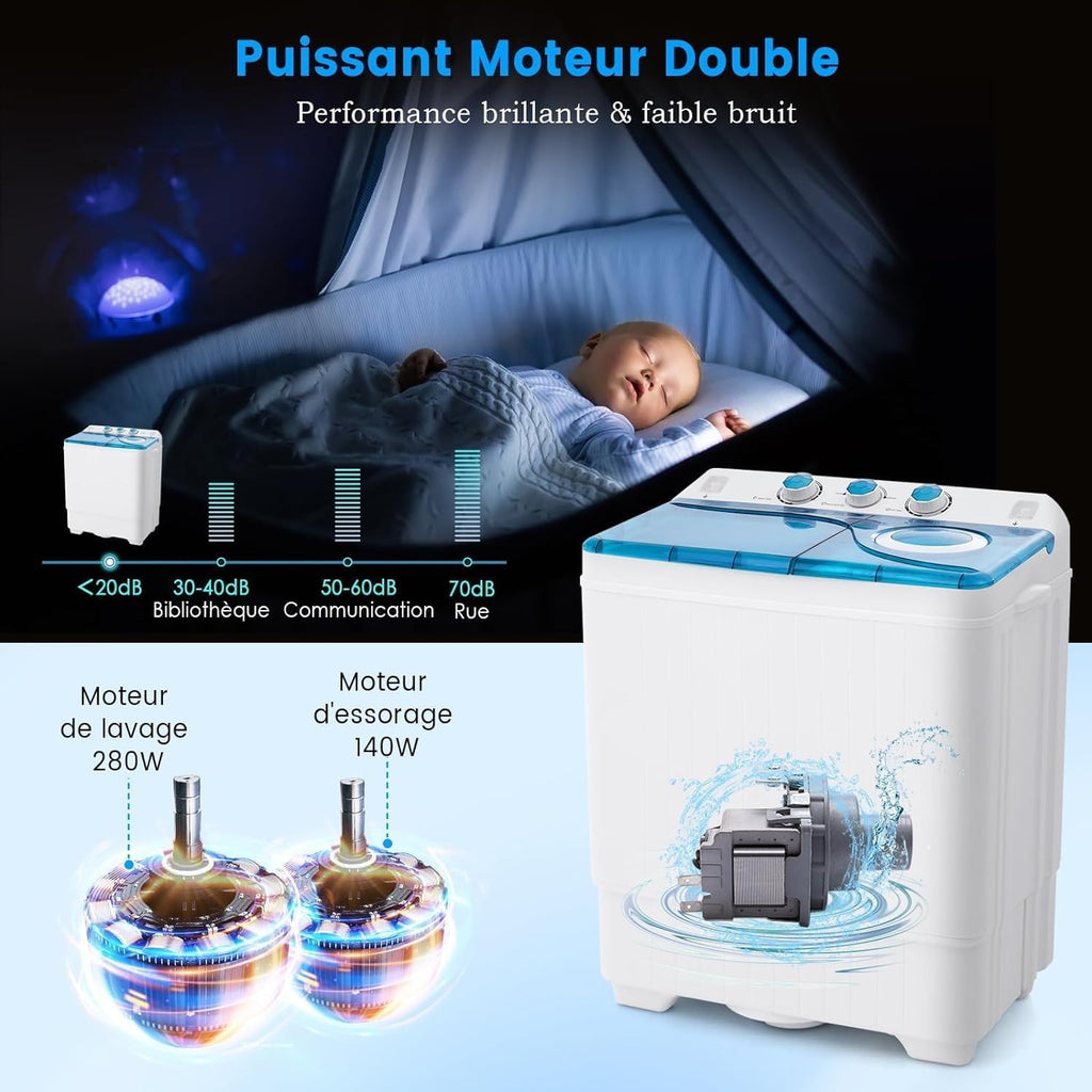 RELAX4LIFE Mini Machine à Laver à 2 Cuves Capacité 8,5 KG, Lave-Linge Semi-Automatique avec Minuteur & Essoreuse, Lave-Linge Portable Compact pour Appartement Dortoir Maison (Bleu | 8,5 KG)