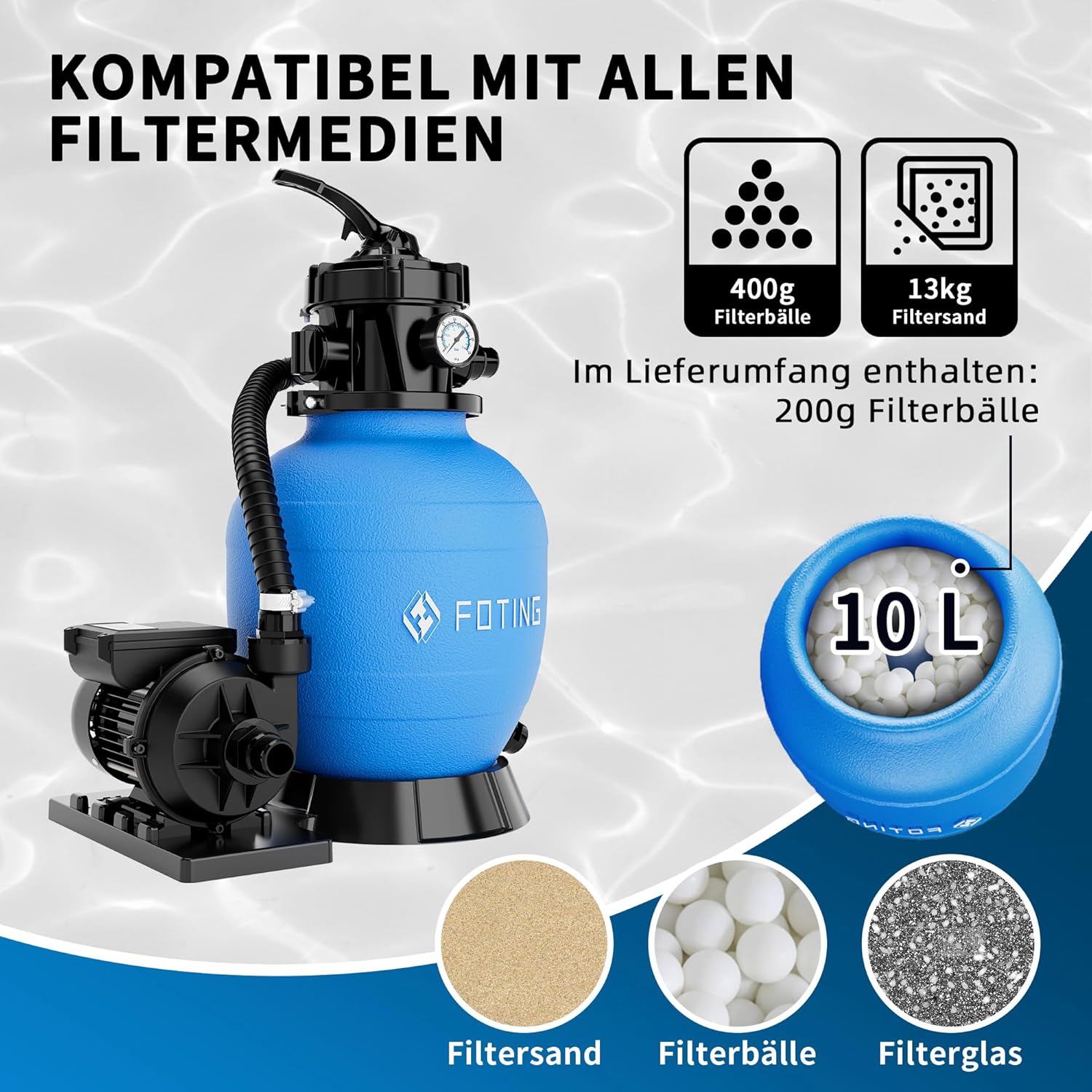FOTING Système de Filtre à Sable pour Piscine 11 500 L/h (11,5 m³/h) INCL. 200 g de Billes Filtrantes, Filtre de Piscine avec Vanne 7 Voies, Minuterie 24 h, Adaptateur 2-en-1 Ø32–38 mm
